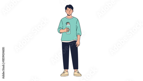 Illustration of a young man holding a water bottle in casual clothing Standing confidently