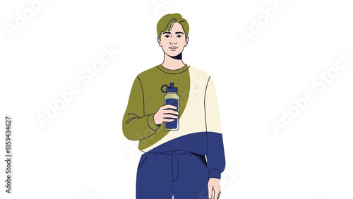 Illustration of a young man holding a water bottle with casual clothing and neutral background