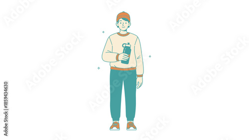 Illustration of a young man holding a water bottle with a casual outfit and relaxed pose