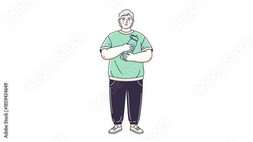 Illustration of a young man in casual sportswear holding a water bottle confidently