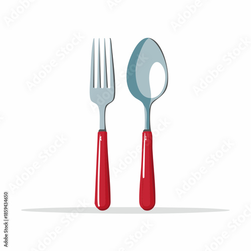 Graphic illustration of a classic dining fork and spoon, featuring vibrant red handles and polished silver, effectively symbolizing mealtime, kitchen essentials, and culinary readiness