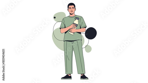 illustration of a young man in casual clothing holding a water bottle in a modern artistic style
