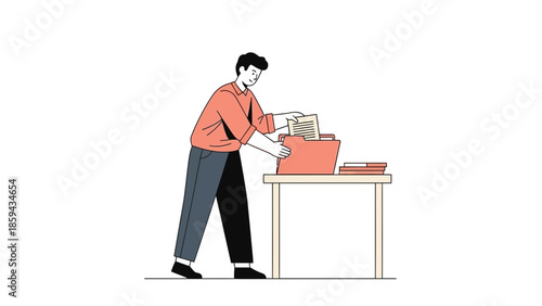 Illustration of a young man organizing documents in an office setting