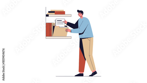 Illustration of a Young Man Organizing Files and Documents on Shelf in Office
