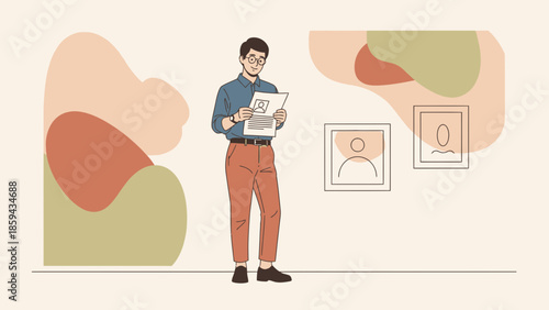 illustration of a young man reading a newspaper in an abstract art style with framed portraits on
