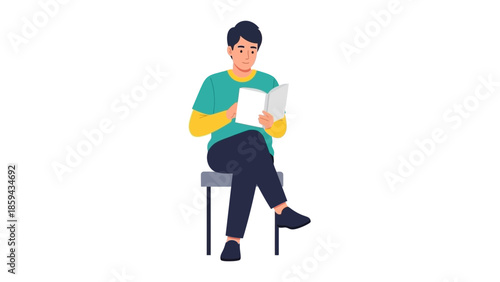 illustration of a young man sitting on a chair and reading a book with a white background