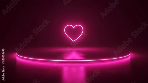 Minimalist Pink Neon Heart Glowing Over a Wide Flat Stage in a Dark Purple Void Valentine