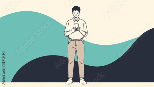 illustration of a young man using a smartphone outdoors with stylized landscape background