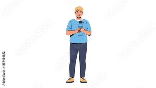 illustration of a young man taking a selfie with a smartphone, casual attire and backpack, clean