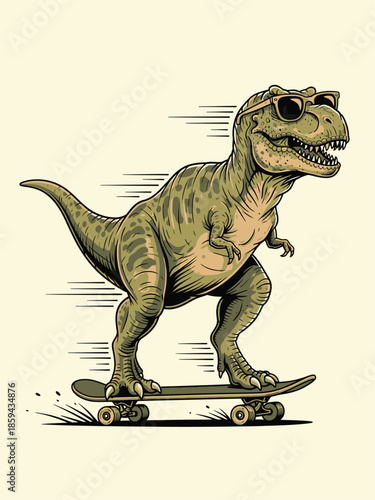 Cool Tyrannosaurus Rex in Sunglasses Skateboarding with Speed Lines.