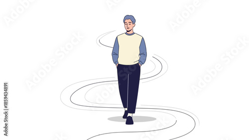 Illustration of a young man walking along a winding path with a relaxed demeanor and casual attire
