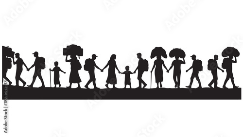 Silhouettes of refugees walking