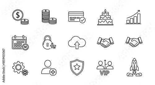 Collection of business and finance icons representing growth and security elements
