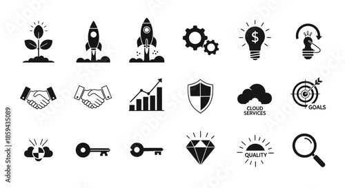 Collection of vector icons representing business concepts and startup themes graphic design