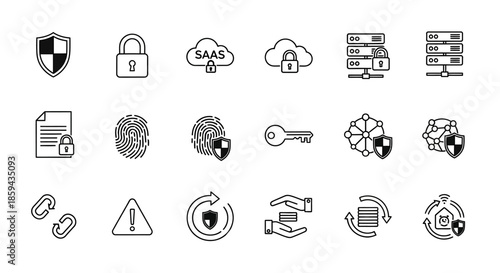 Cybersecurity and data protection icons showcasing digital security measures and data encryption