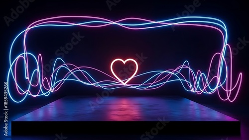 Abstract Heart in a Tangled Web of Pink and Blue Neon Light Trails on a Black Stage Valentine