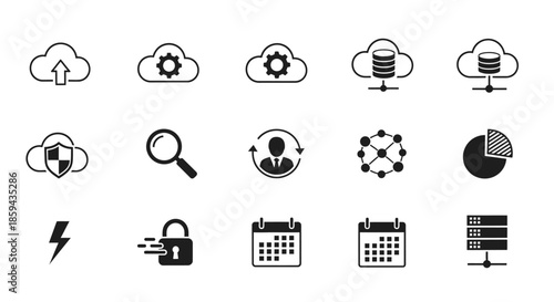 Set of vector icons representing technology cloud data and business concepts in simple black and