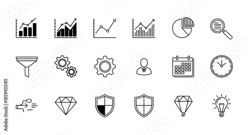 Business and finance line icons symbolizing growth, analysis, security and innovation
