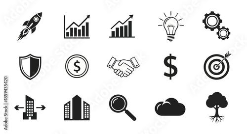 Collection of black and white business and growth icons providing a visual representation of