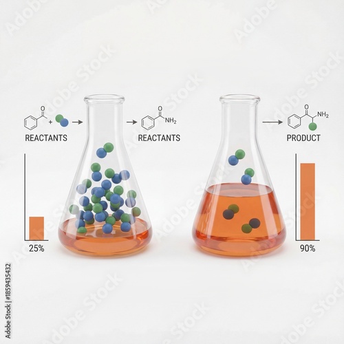A clear scientific illustration depicting a chemical reaction in laboratory flasks, comparing reactant consumption to product formation, yielding from 25% to 90%.