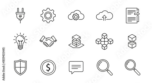 Collection of essential line art business icons representing technology and innovation