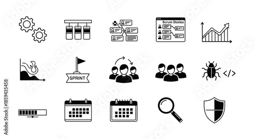 Collection of black and white vector icons representing agile software development concepts