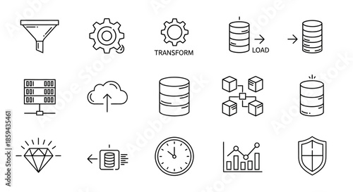 Data integration pipeline vector icons for database management and processing lifecycle