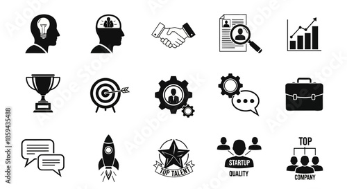 Set of business and career icons representing innovation, achievement, and teamwork, startup vision