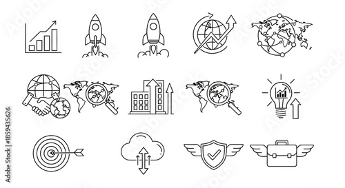Collection of business and technology outline icons depicting growth, innovation, security and