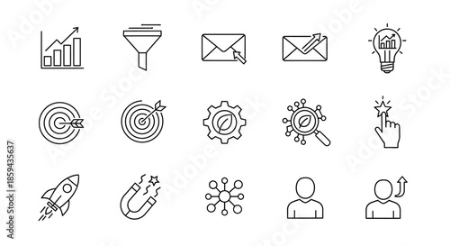 Collection of linear icons symbolizing business growth, data analytics and development strategy