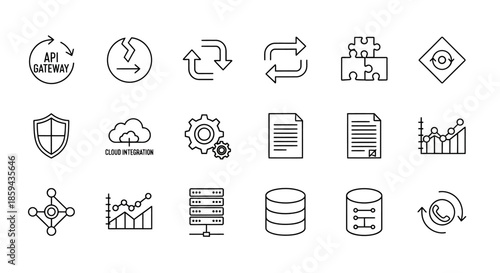 Collection of technology and business linear icons presenting data solutions and business solutions