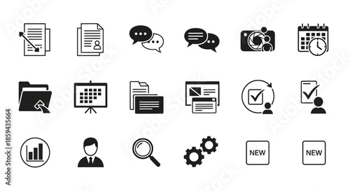 Collection of diverse black and white business and office related vector icons