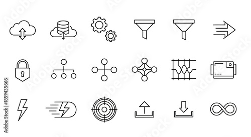 Modern line art icons representing data science and technology concepts with simple designs