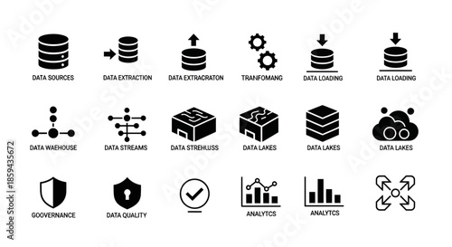 Set of data management vector icons representing diverse aspects of data processing and analysis