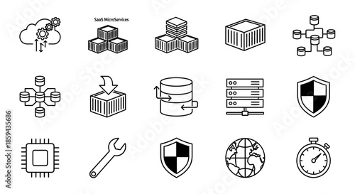 Cloud computing and microservices infrastructure abstract line icons for technology business