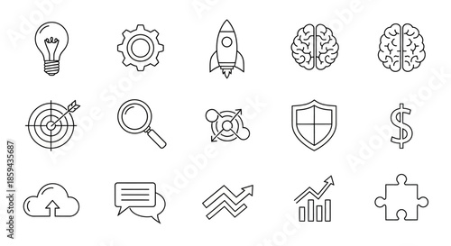 Collection of vector line icons representing business strategy and innovation concepts