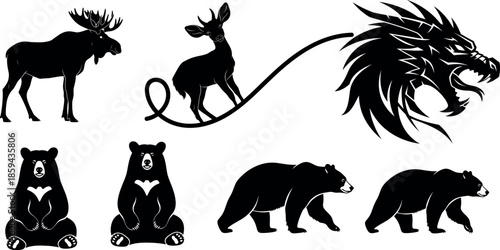 Wild animal silhouettes moose deer lion and bears in black