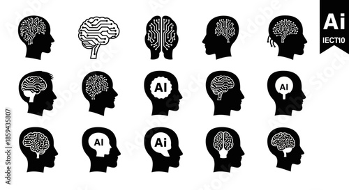 Artificial intelligence concept illustrations featuring head profiles with brain designs