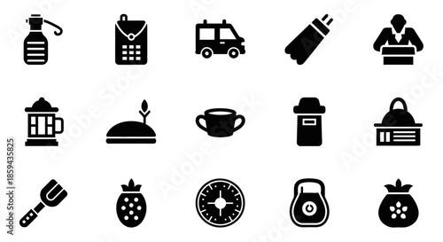 Collection of various minimalist black vector icons representing diverse objects and symbols
