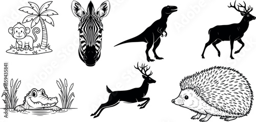 Wild animal illustrations featuring deer hedgehog and bird silhouettes