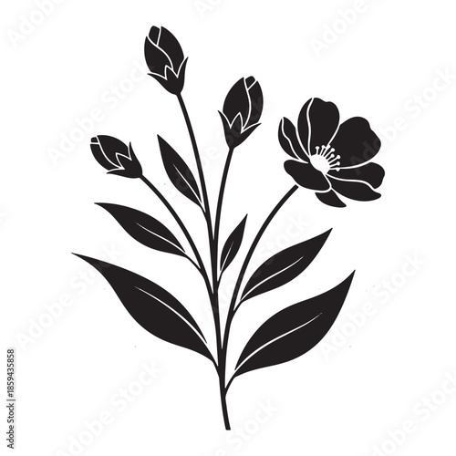 Minimalist black and white floral silhouette illustration featuring a delicate flowering plant with buds and leaves. This elegant botanical design is perfect for wall art, logo design, tattoo art,