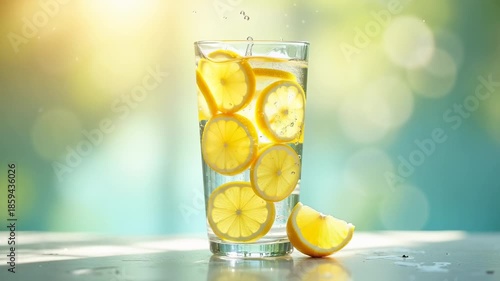 Refreshing glass of sparkling lemon water garnished with fresh lemon slices next to whole and halved lemons on wooden table, concept of healthy hydration, detox drink, summer refreshment