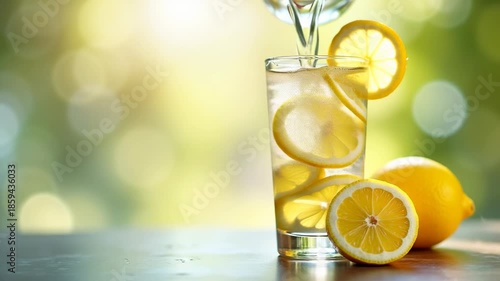 Refreshing glass of sparkling lemon water garnished with fresh lemon slices next to whole and halved lemons on wooden table, concept of healthy hydration, detox drink, summer refreshment