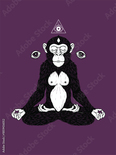 Meditating monkey with third eye and additional eyes, spiritual concept.