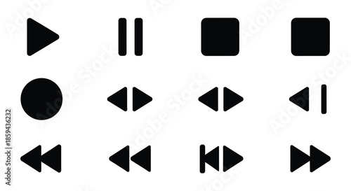 Black media player controls play pause stop and rewind icons displayed