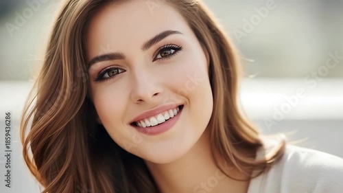 soft beauty portrait smiling woman with closed eyes in natural light
