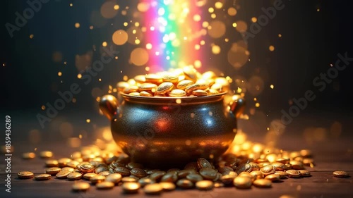 Pot of gold overflowing with shiny coins under a bright rainbow, magical treasure at the end of the rainbow, concept of wealth, good luck, st patrick's day