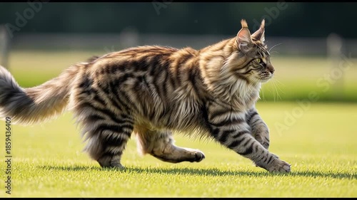 Maine Coon runs fast across the grass in an open field on a sunny day in summer