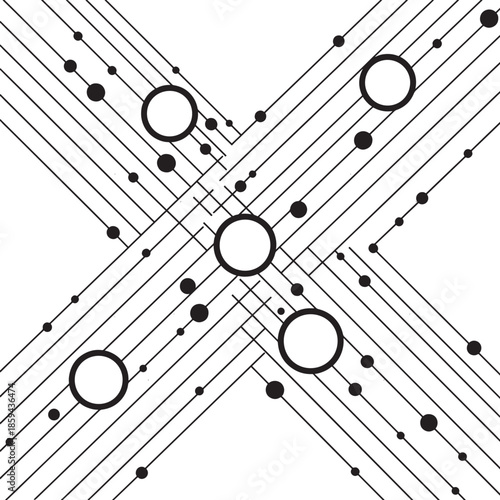 Modern abstract geometric pattern featuring intersecting diagonal lines and circular elements in a clean black and white minimalist style.