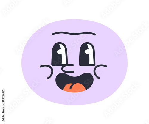 Excited cute face. Funny comic character in excitement, emotional emoji with amazed expression, eyes looking, smiling in kawaii style. Flat vector illustration isolated on white background
